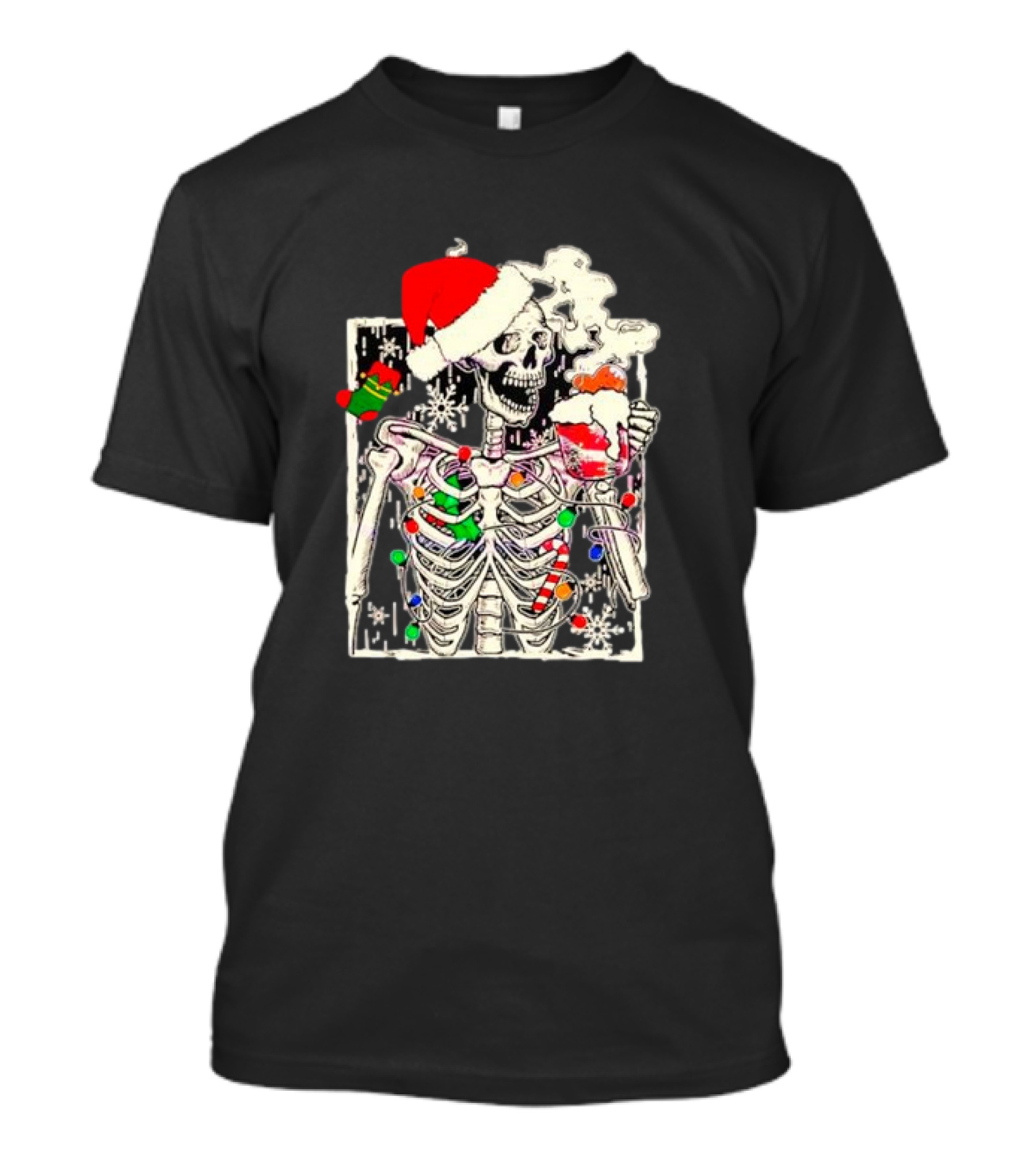 Skeleton Santa Hat Snowflake Christmas Coffee Candy Cane Holiday Scene T-Shirt