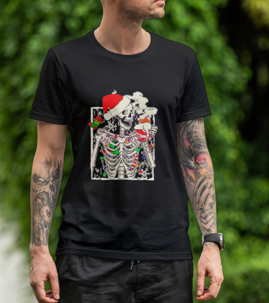 Skeleton Santa Hat Snowflake Christmas Coffee Candy Cane Holiday Scene T-Shirt