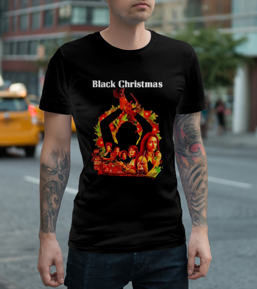 Black Christmas Silent Night Horror Movie Characters Axe Wreath Scene T-Shirt