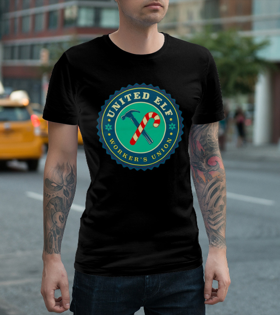 United Elf Worker's Union Candy Cane and Hammer Emblem T-Shirt