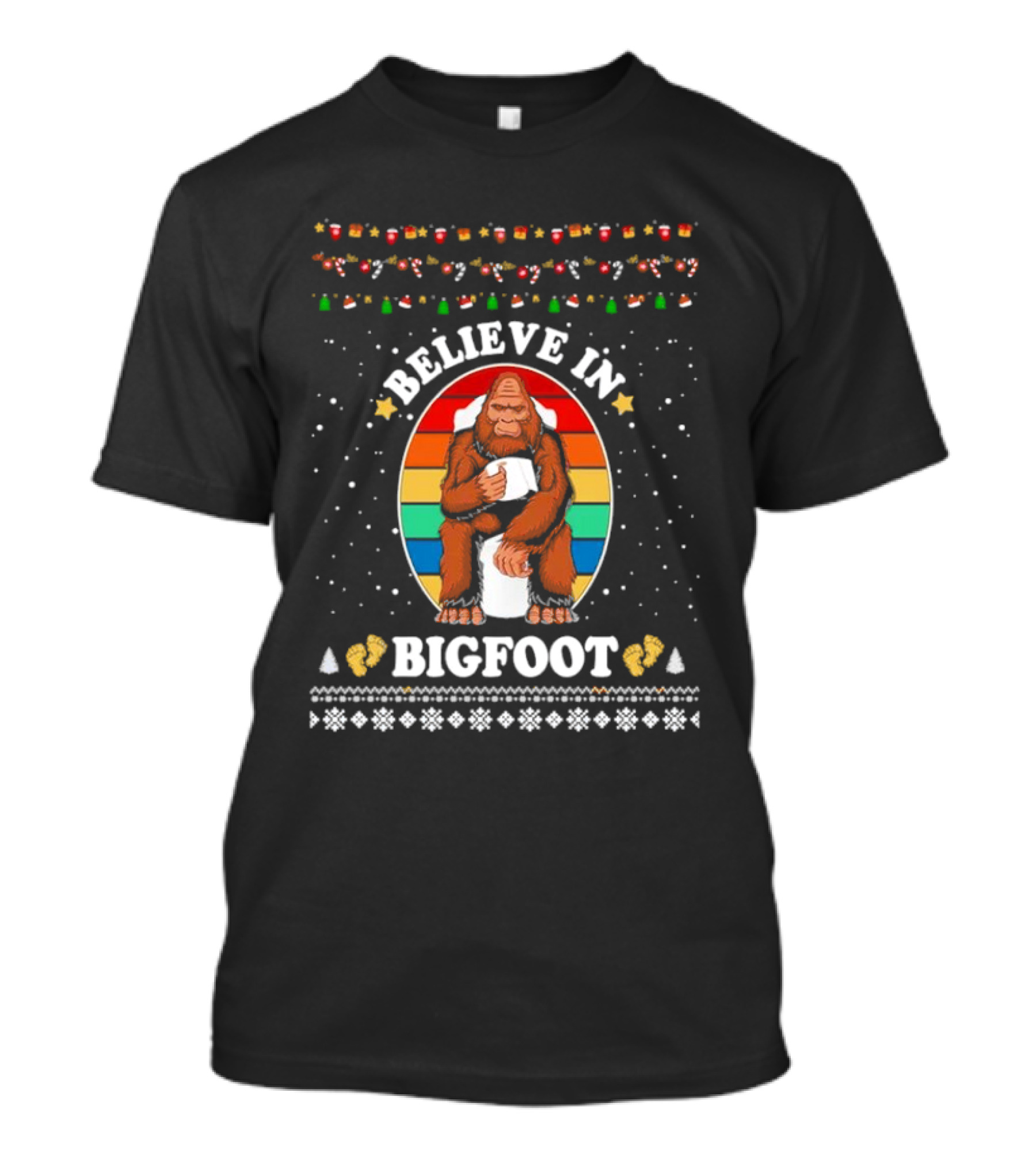 Believe In Bigfoot With Toilet Humor And Christmas Icons T-Shirt