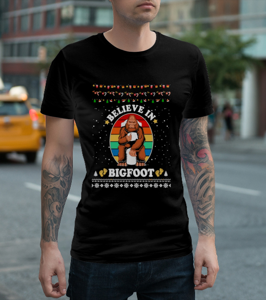Believe in Bigfoot with Toilet Humor and Christmas Icons T-Shirt
