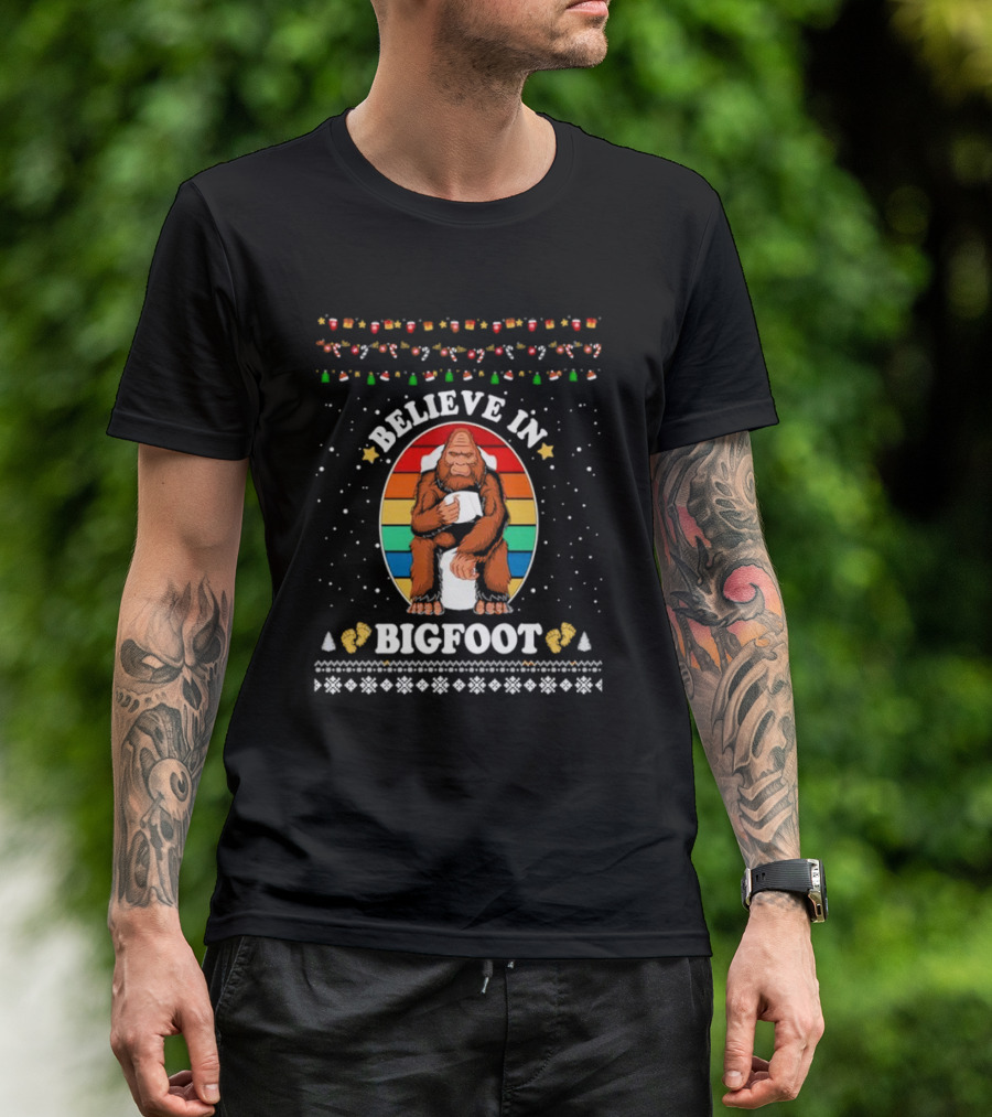 Believe In Bigfoot With Toilet Humor And Christmas Icons T-Shirt