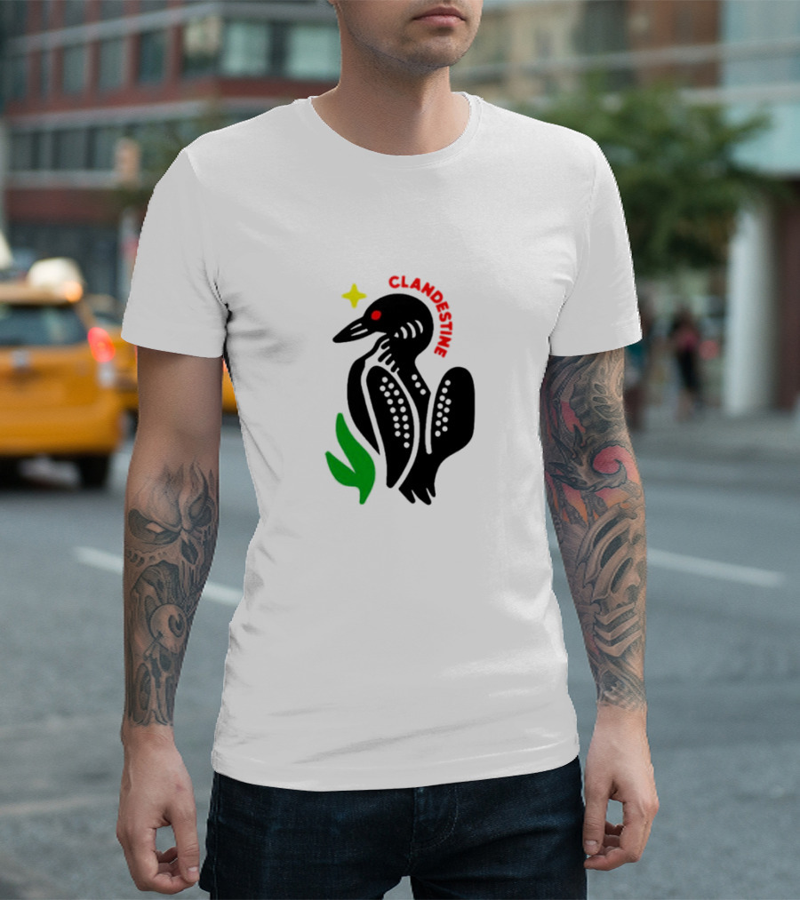 Clandestine Loon Bird With Star And Green Leaf Elements T-Shirt