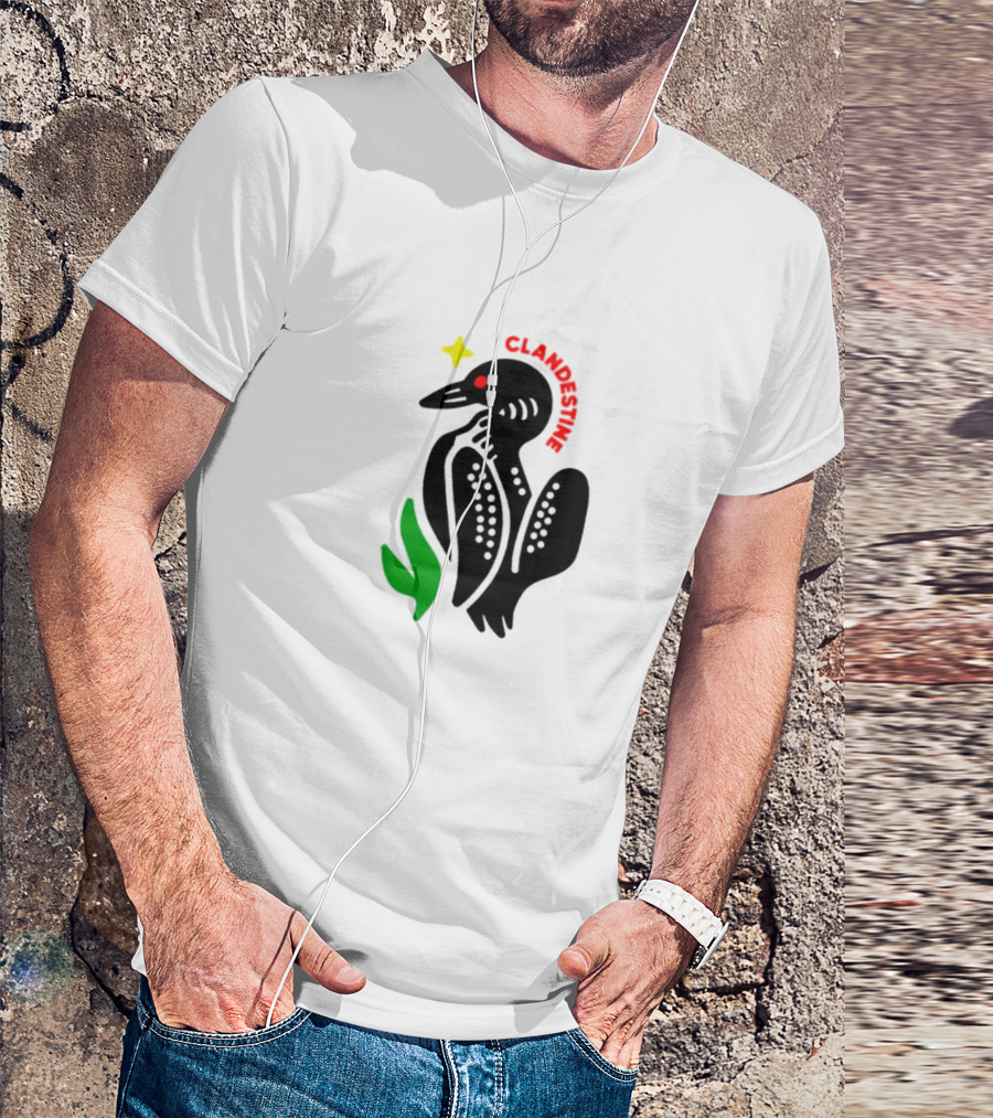 Clandestine Loon Bird With Star And Green Leaf Elements T-Shirt