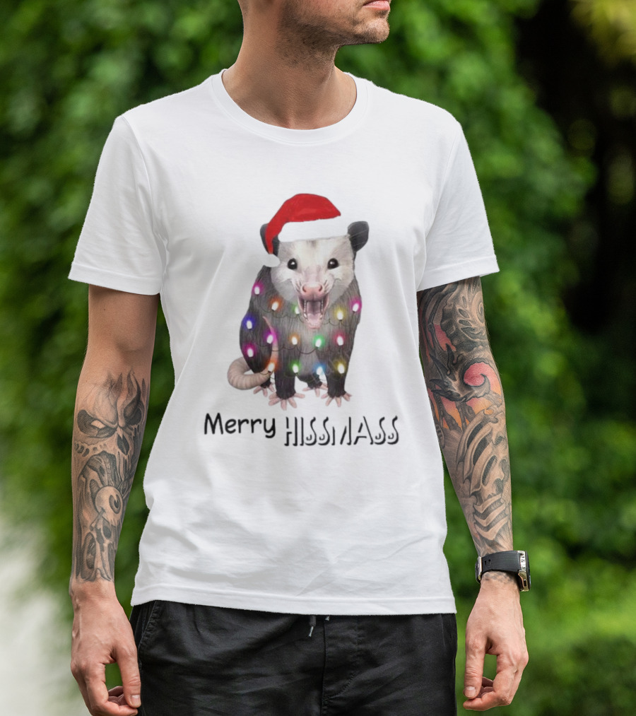Merry Hissmas Opossum Santa Hat Christmas Lights T-Shirt