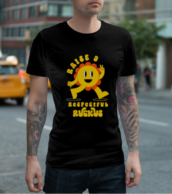 RAISE A RESPECTFUL RUCKUS CHARACTER WALKING WITH PEACE SIGN YELLOW AND ORANGE T-Shirt