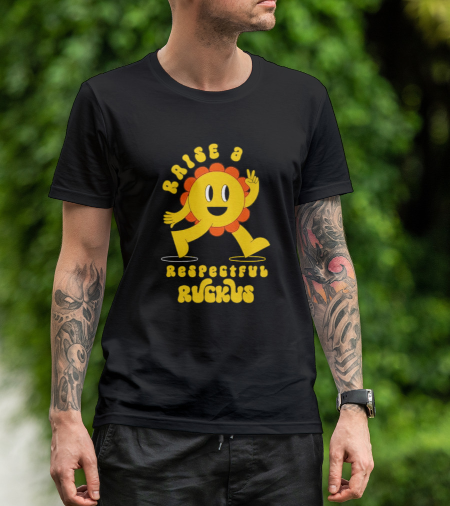 RAISE A RESPECTFUL RUCKUS CHARACTER WALKING WITH PEACE SIGN YELLOW AND ORANGE T-Shirt