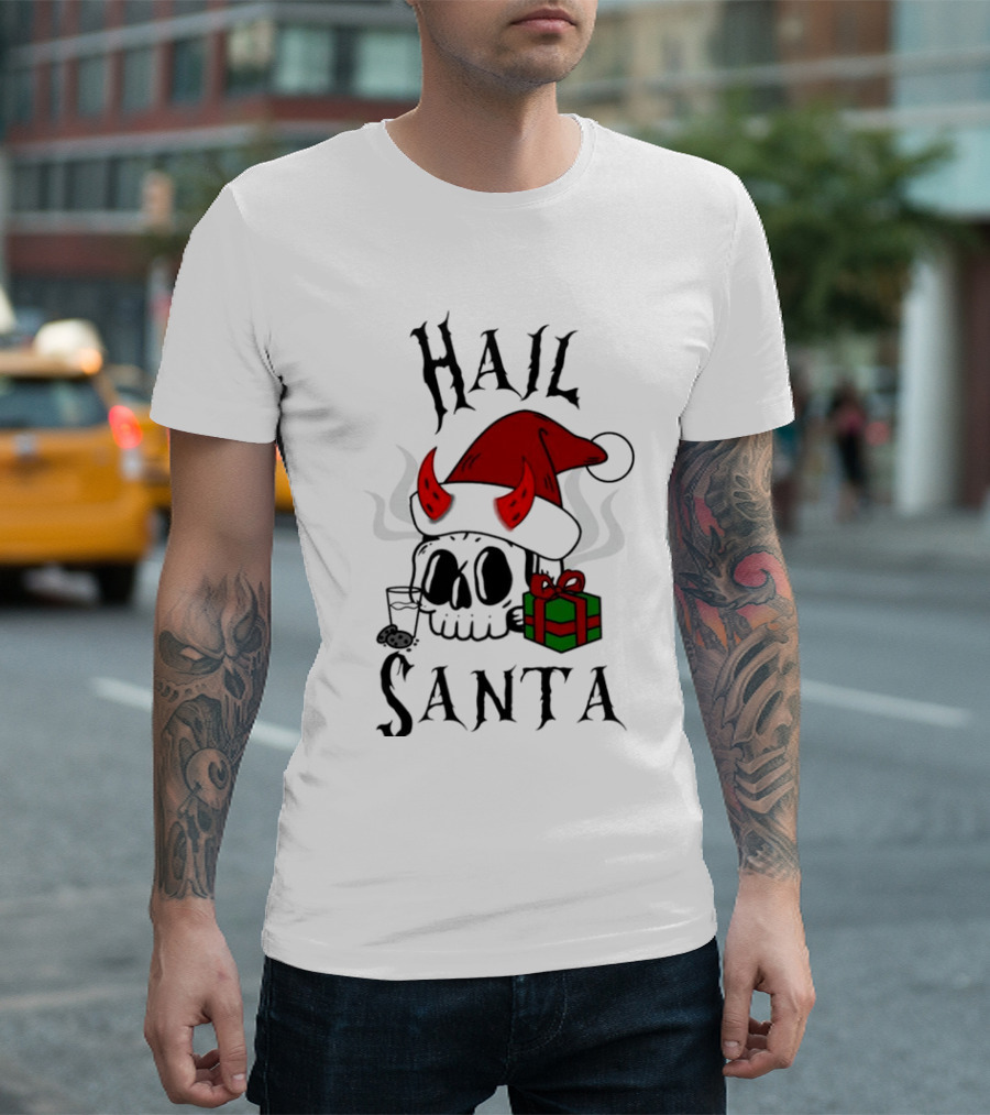 Hail Santa Skull with Devilish Santa Hat and Christmas Present T-Shirt