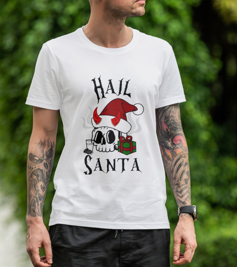 Hail Santa Skull With Devilish Santa Hat And Christmas Present T-Shirt