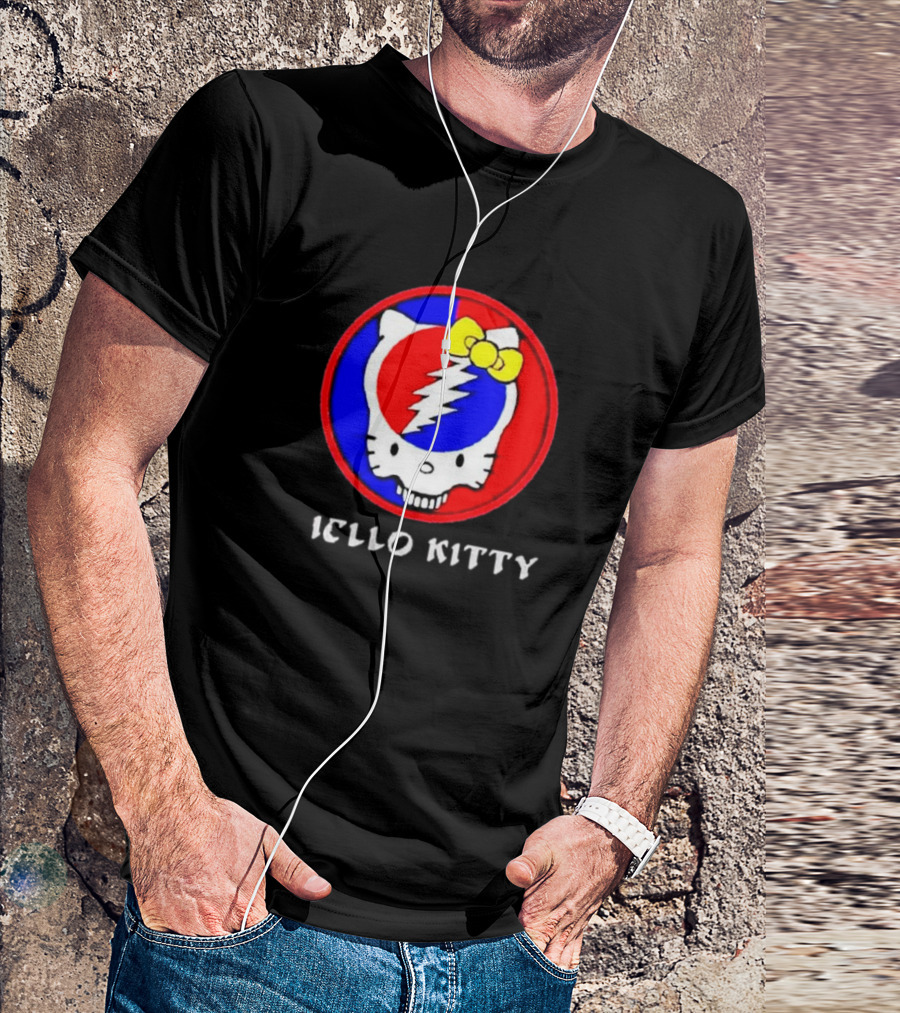 Hello Kitty Grateful Dead Skull Icon With Lightning Bolt And Yellow Bow T-Shirt