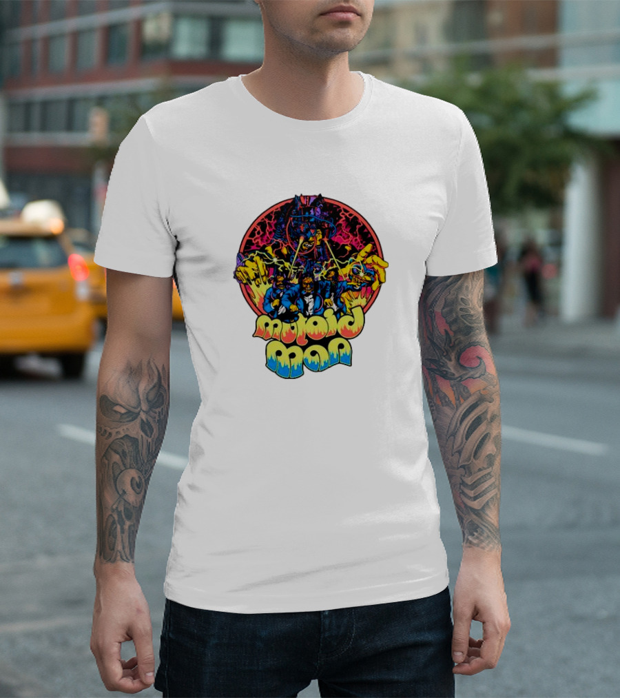 Mutoid Man CoTV Psychedelic Comic Style Superheroes with Lightning and Fiery Hands T-Shirt