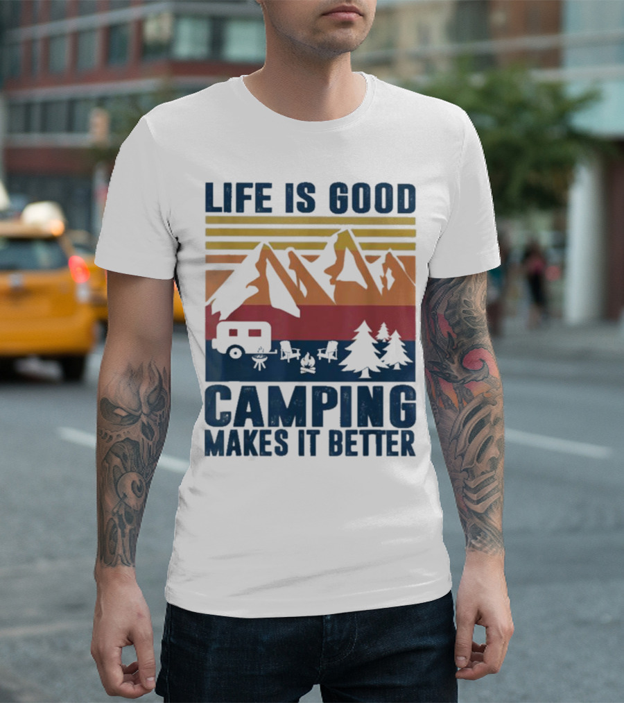 Life is Good Camping Makes It Better Vintage Mountains Camper Landscape T-Shirt