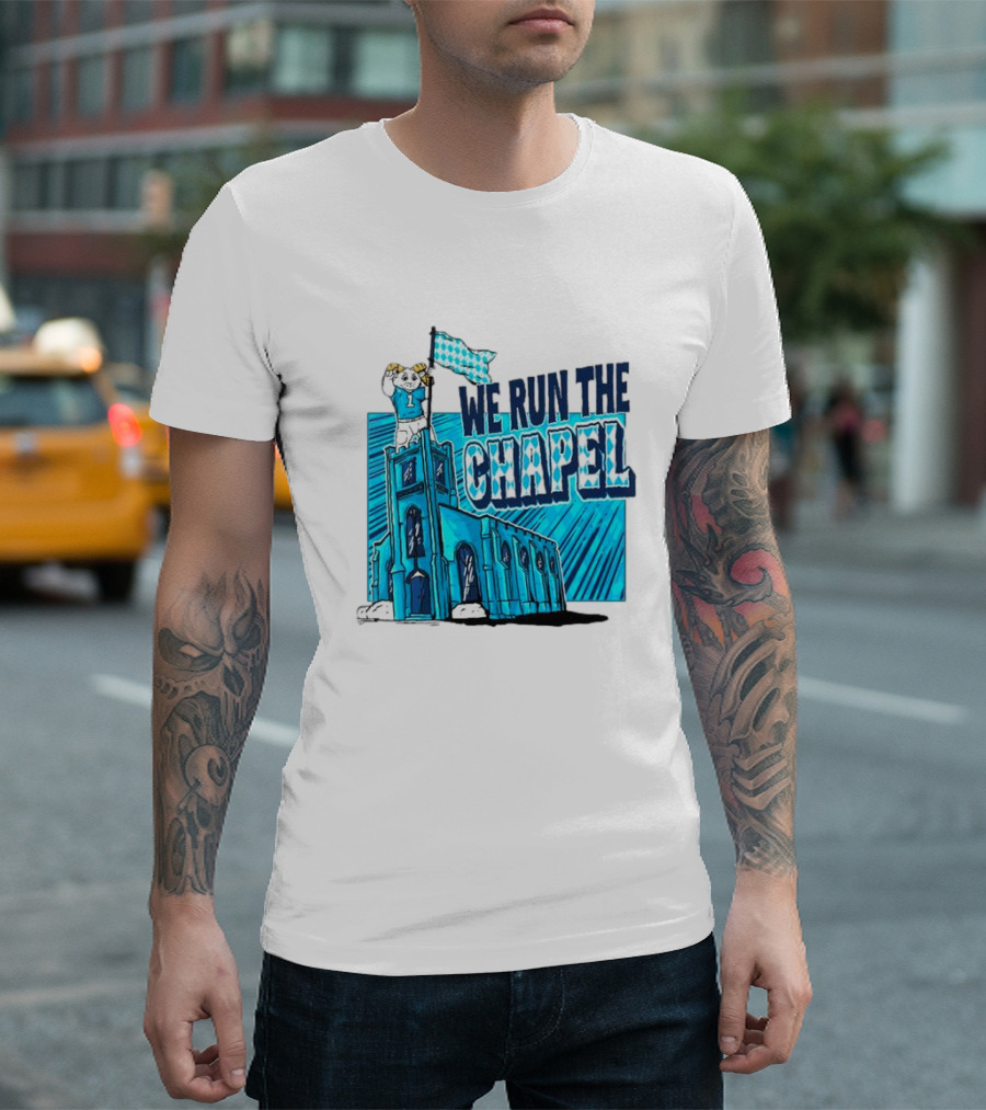 North Carolina Tar Heels We Run the Chapel Ram Mascot on Tower with Flag T-Shirt