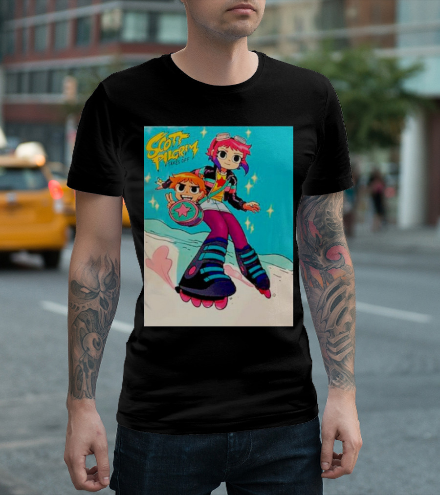 Scott Pilgrim Takes Off Roller Skating Adventure with Animated Style Characters T-Shirt
