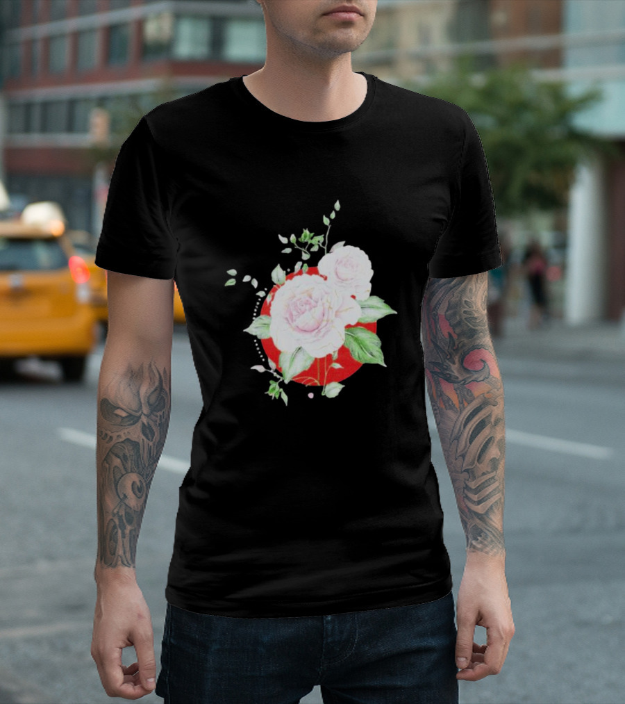 5Yr Kintsugi Rose Floral Design on Red Circle Background T-Shirt