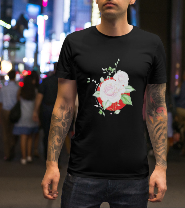 5Yr Kintsugi Rose Floral Design On Red Circle Background T-Shirt