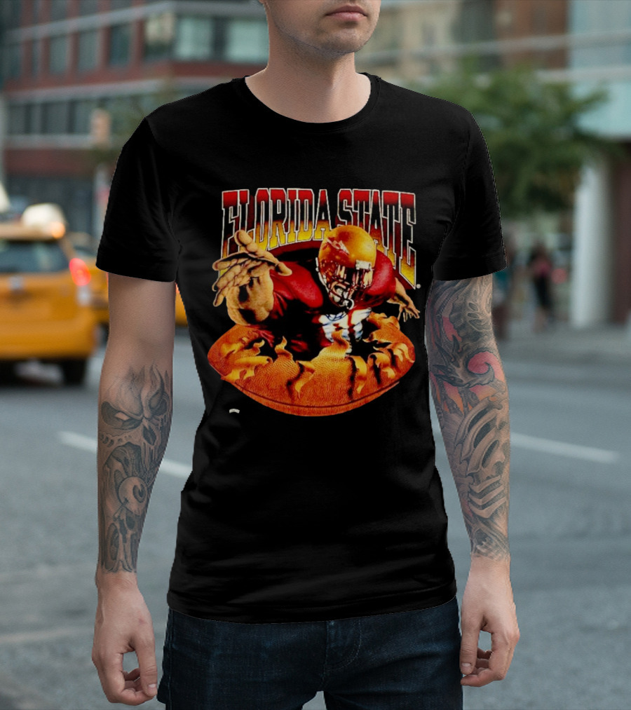 Florida State Seminoles FSU Football Player Emerging from Flames Two Sided Nutmeg T-Shirt
