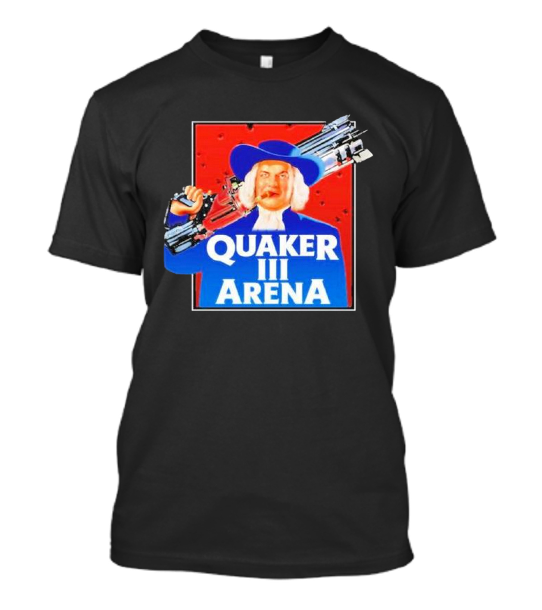 Quaker III Arena Parody Poster With Character In Blue Hat And Railgun T-Shirt