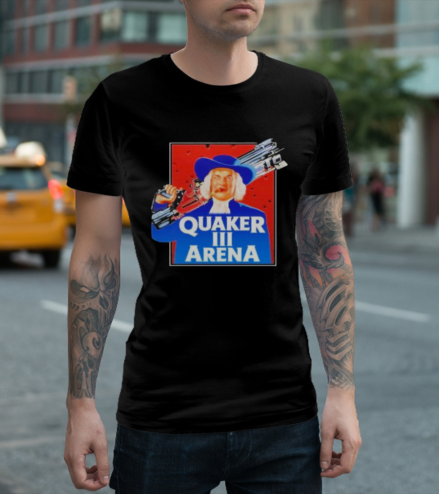 Quaker III Arena Parody Poster With Character In Blue Hat And Railgun T-Shirt