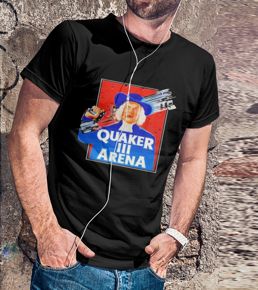 Quaker III Arena Parody Poster With Character In Blue Hat And Railgun T-Shirt