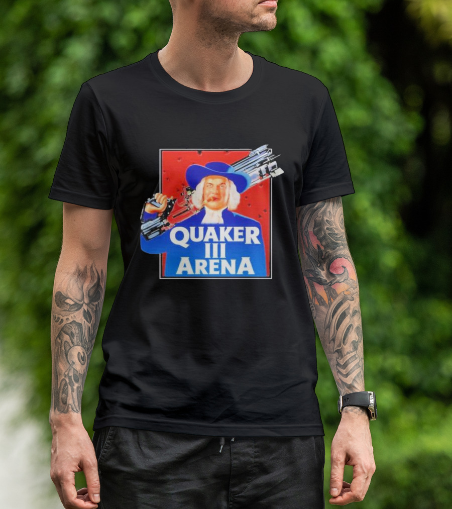 Quaker III Arena Parody Poster With Character In Blue Hat And Railgun T-Shirt