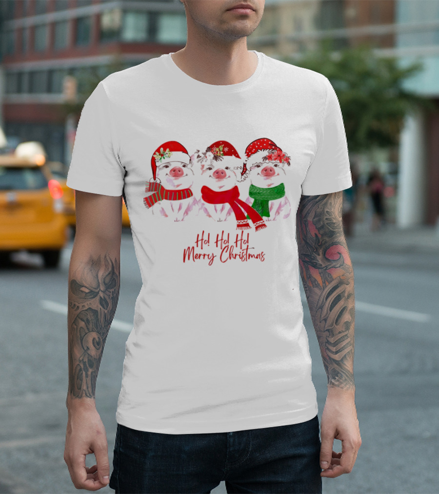 Ho Ho Ho Merry Christmas Pig Trio Santa Hat T-Shirt