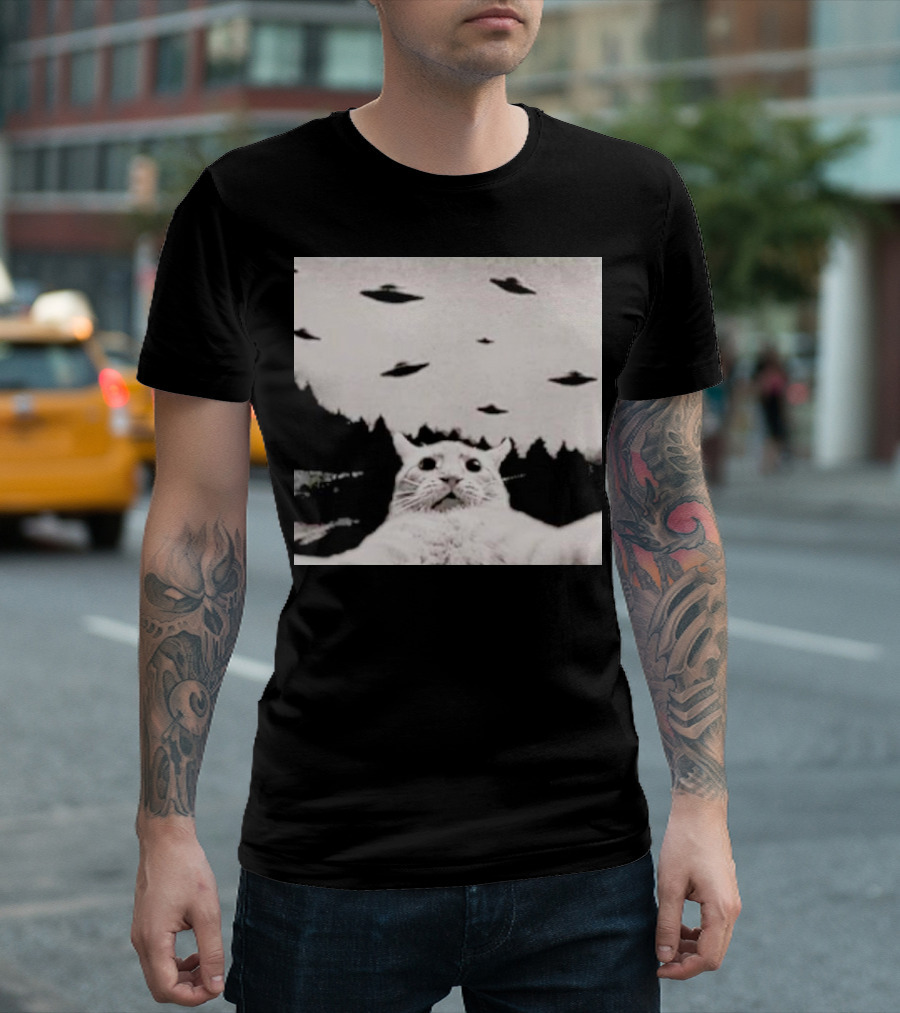 Cat Taking a Selfie UFOs Black and White Forest Background T-Shirt