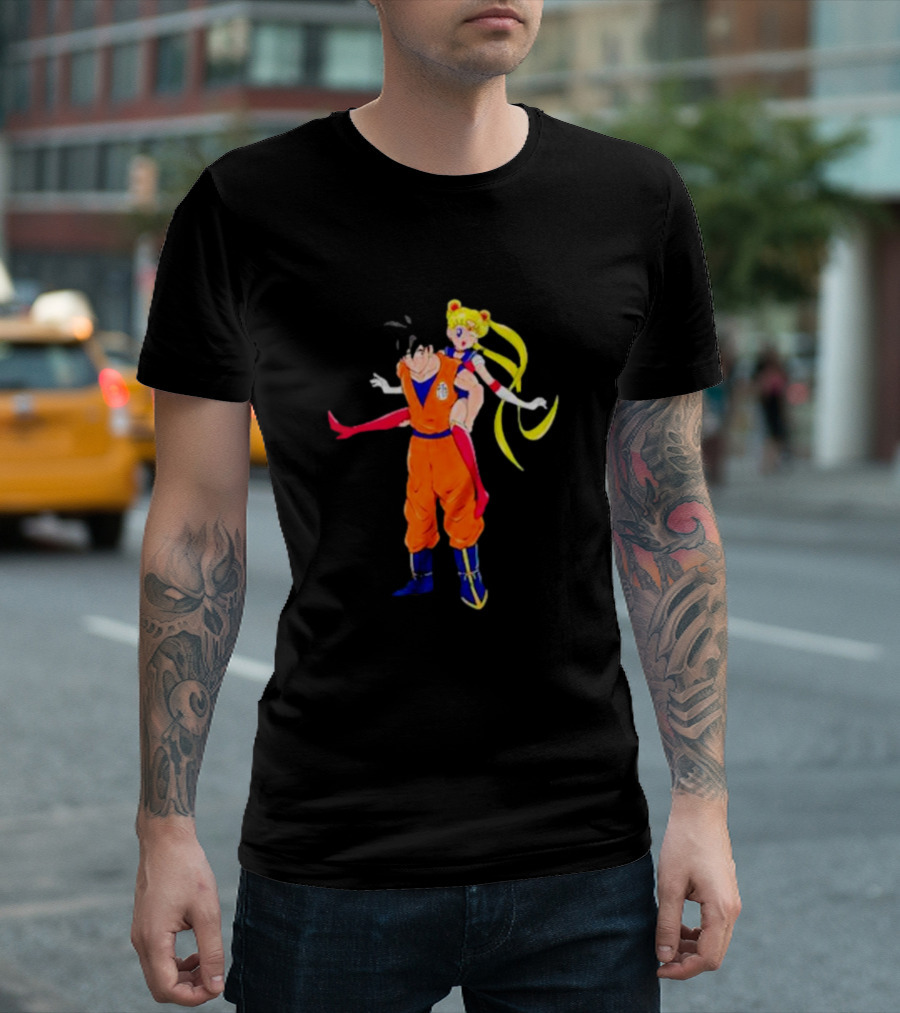 Goku and Usagi Crossover Fusion Featuring Dragon Ball and Sailor Moon Iconic Characters T-Shirt