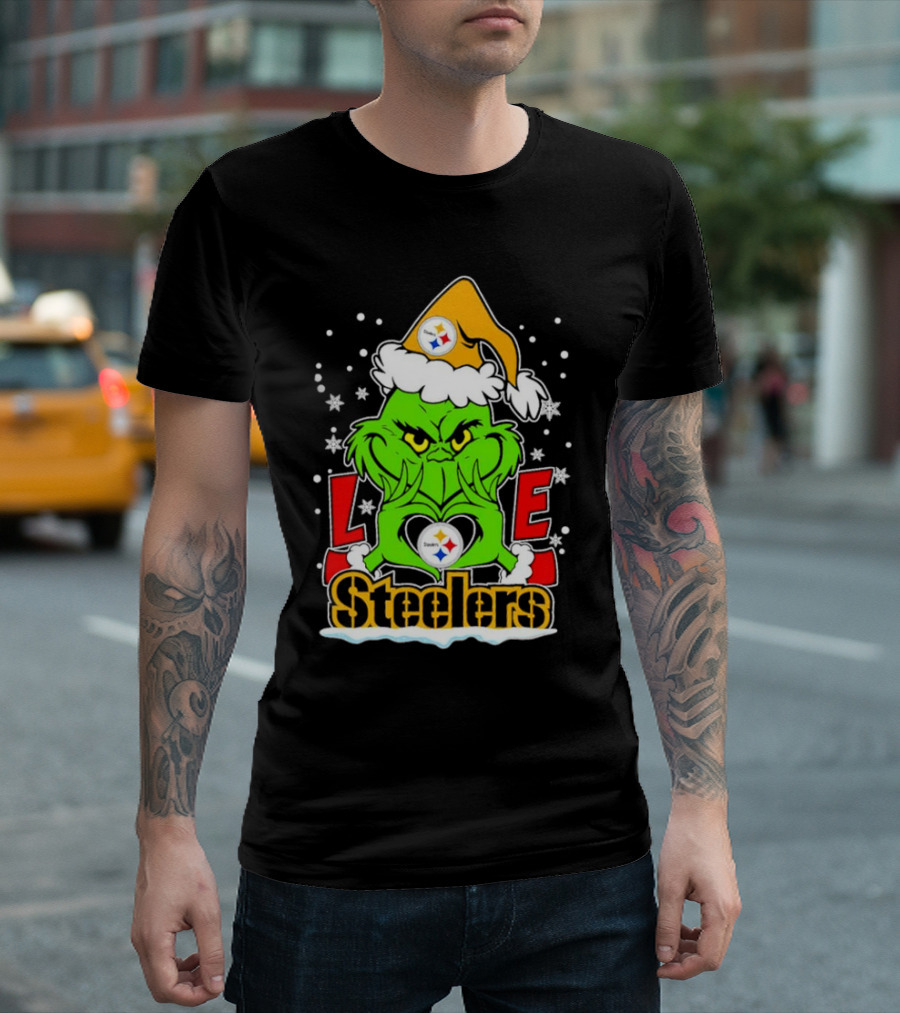 The Grinch Santa Hat Love Pittsburgh Steelers Logo Snowflakes T-Shirt