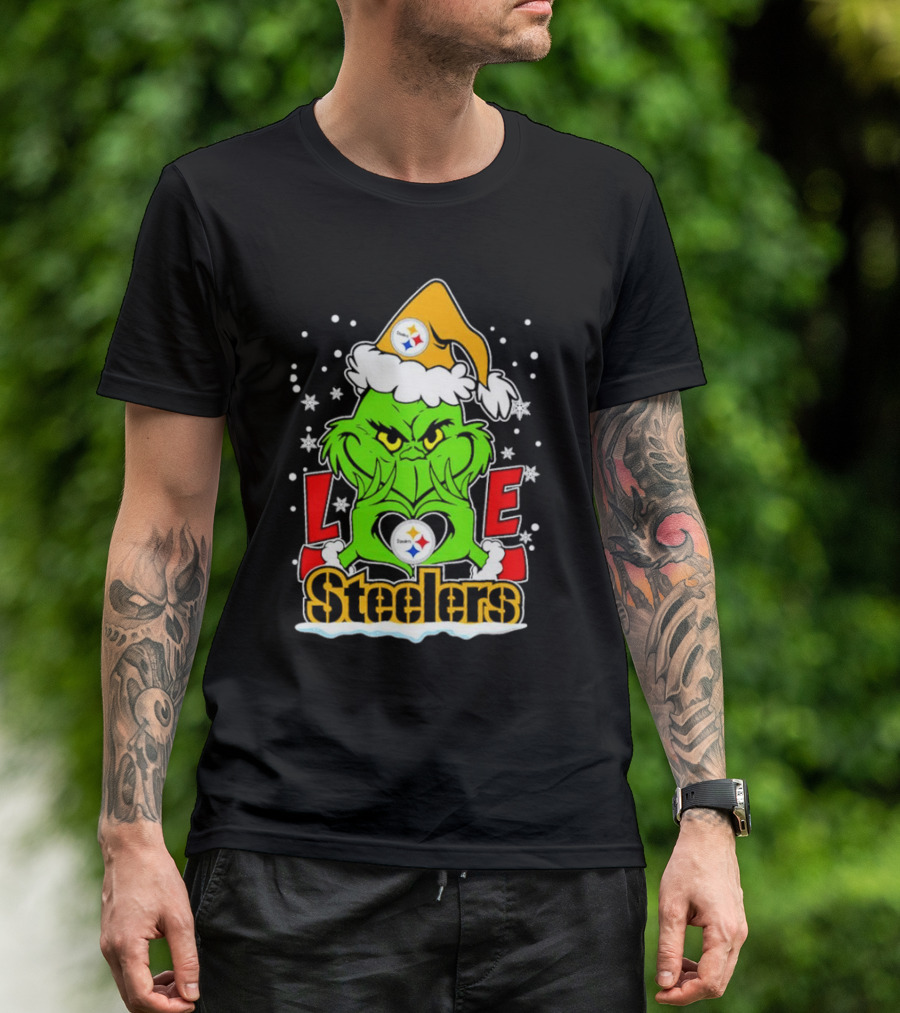 The Grinch Santa Hat Love Pittsburgh Steelers Logo Snowflakes T-Shirt