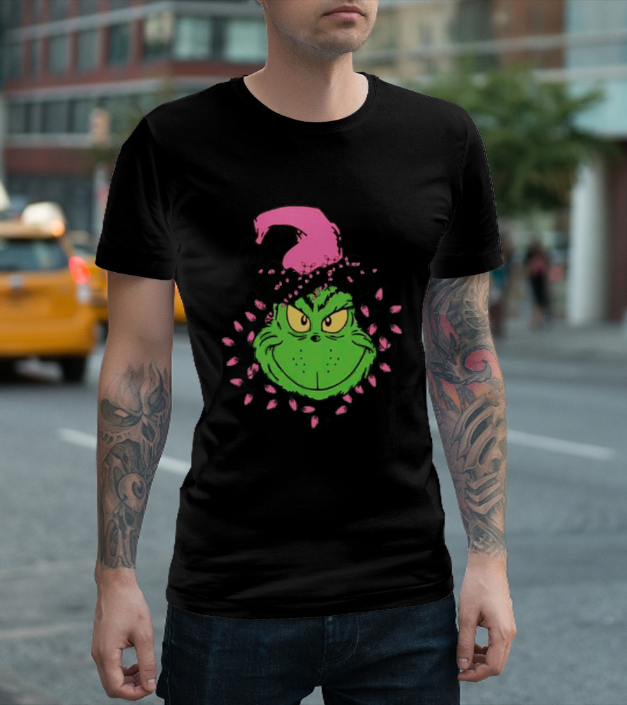 Grinch in Pink Santa Hat with Pink Christmas Lights T-Shirt