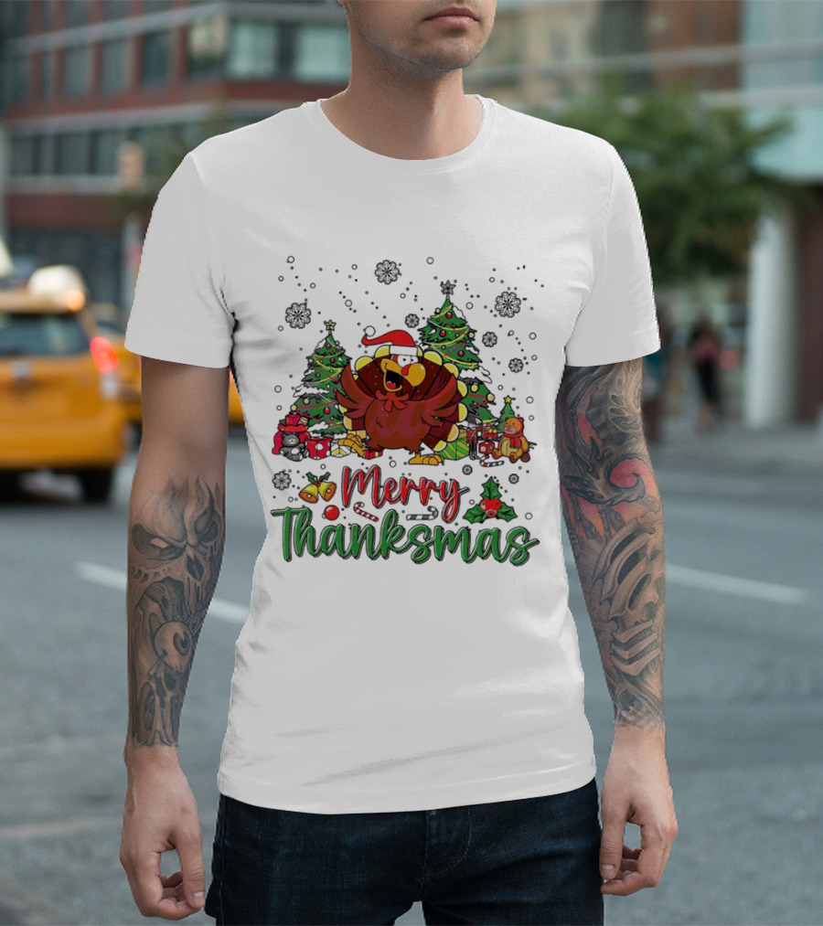 Merry Thanksmas Funny Turkey Santa Hat Christmas Trees T-Shirt
