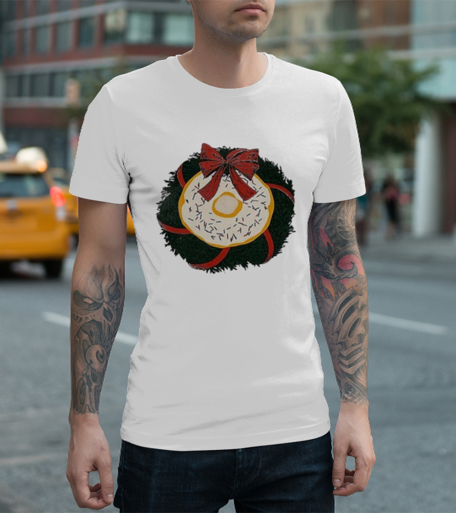 Gibson's Donuts Christmas Holiday Wreath With Red Bow And Donut Sprinkles T-Shirt