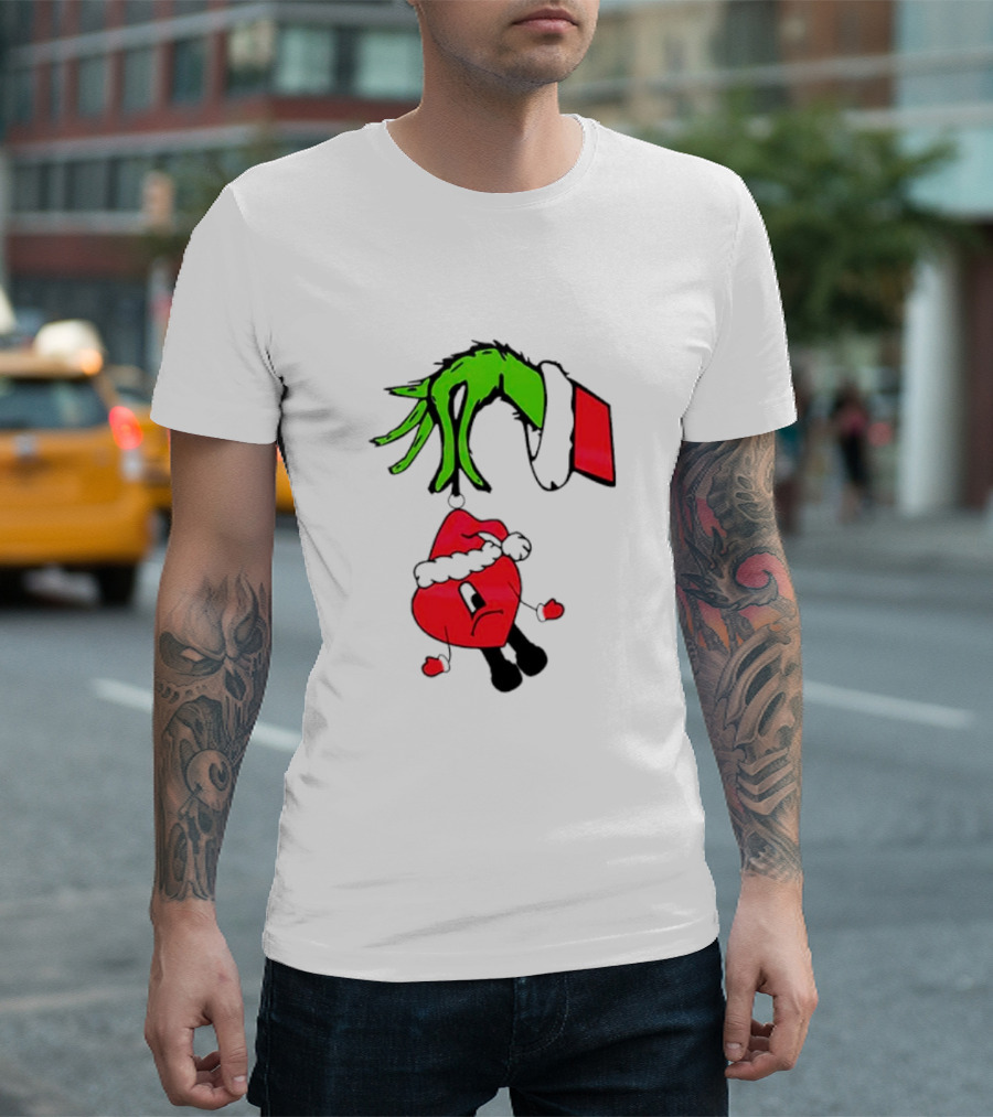 Grinch Hand Bad Bunny Santa Hat Christmas T-Shirt