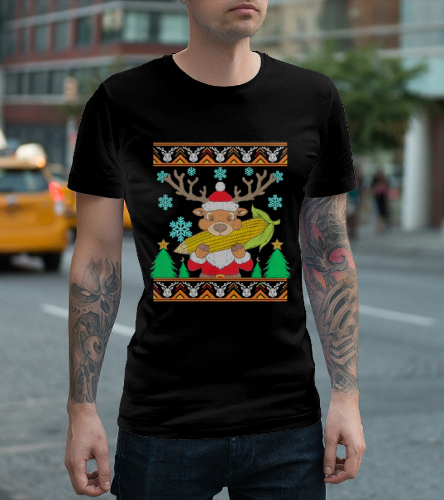 Reindeer Holding Corn with Snowflakes and Trees Christmas T-Shirt