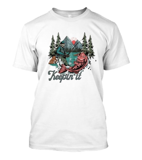 Keepin' It Reel Skeleton Fishing Adventure With Giant Fish And Mountain Lake Scene T-Shirt