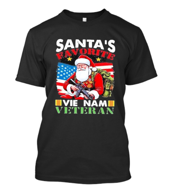 Santa's Favorite Vietnam Veteran With American Flag And Santa Claus Holding Military Gear T-Shirt