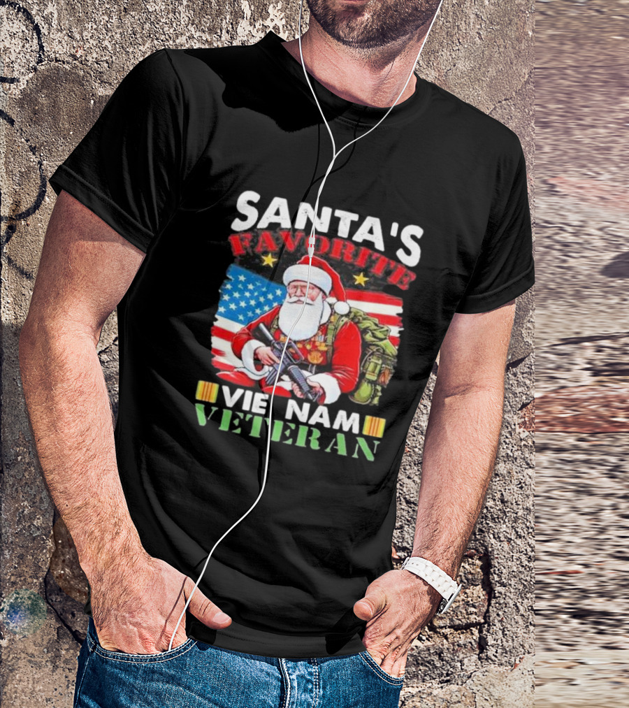 Santa's Favorite Vietnam Veteran With American Flag And Santa Claus Holding Military Gear T-Shirt
