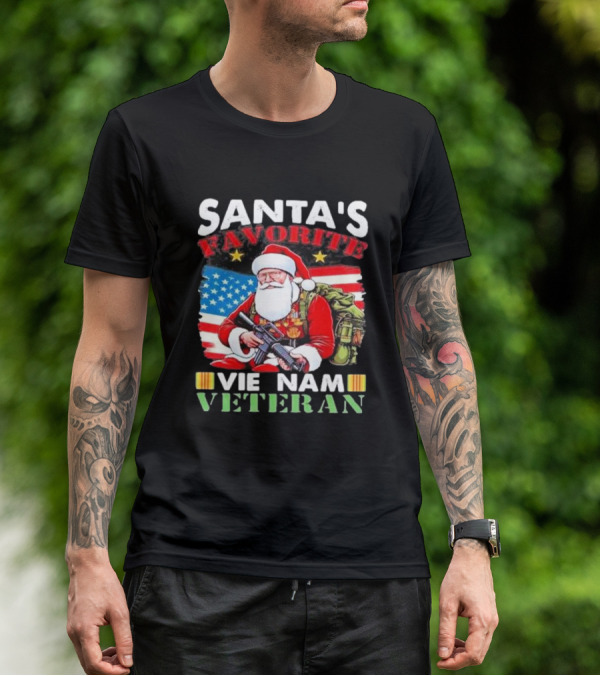 Santa's Favorite Vietnam Veteran With American Flag And Santa Claus Holding Military Gear T-Shirt