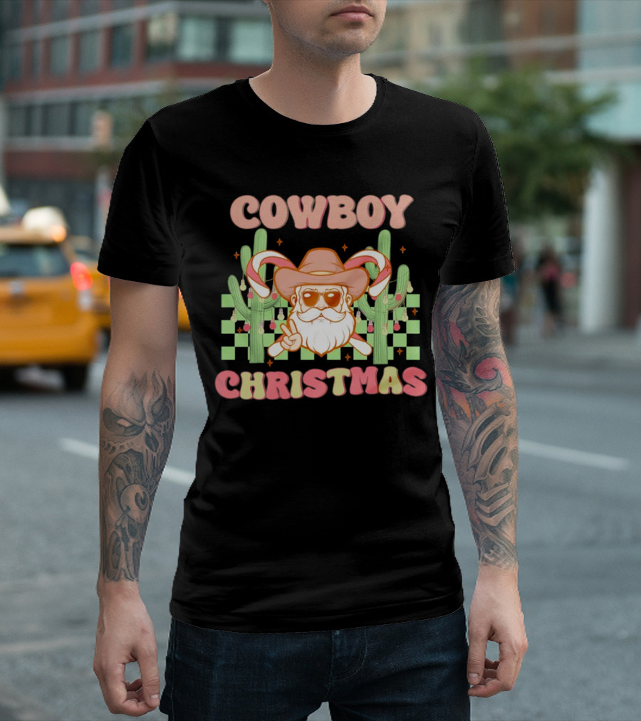Cowboy Christmas Santa with Candy Cane and Cactus T-Shirt