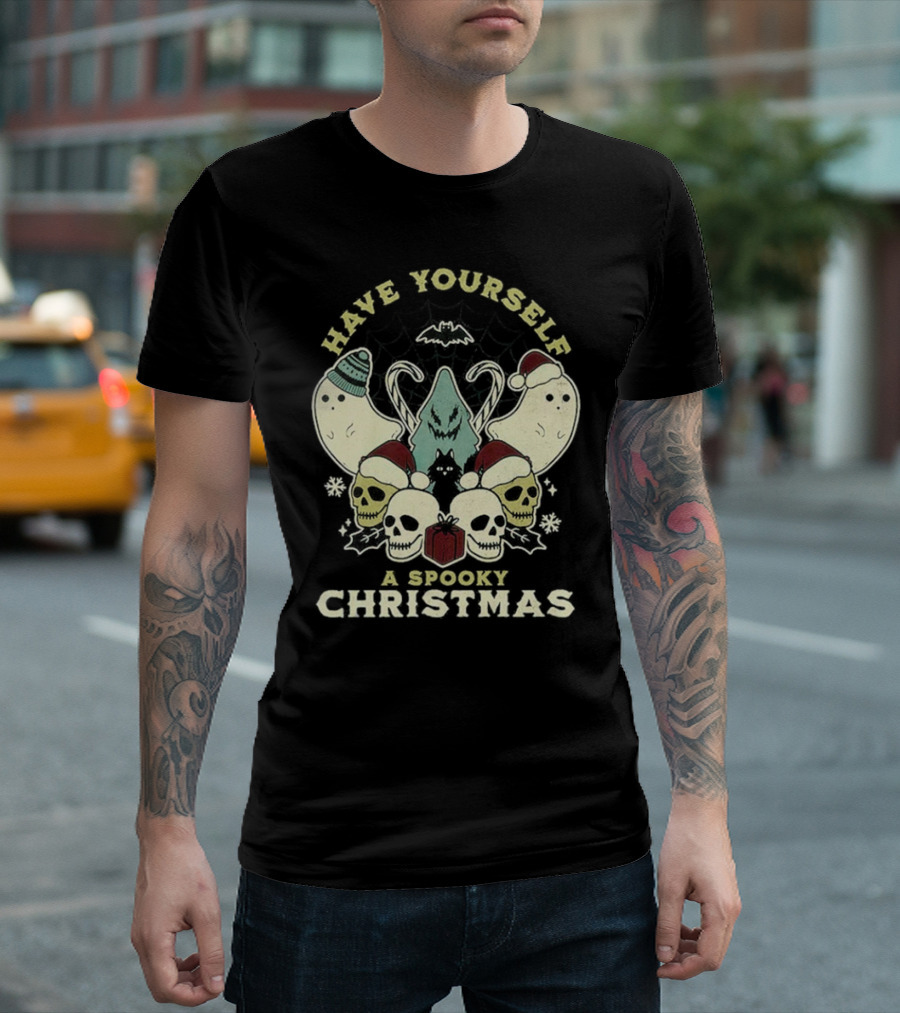 Have Yourself A Spooky Christmas With Ghosts Skulls And Bat T-Shirt
