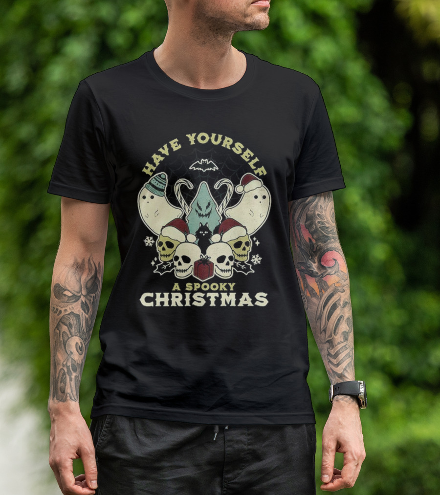 Have Yourself A Spooky Christmas With Ghosts Skulls And Bat T-Shirt