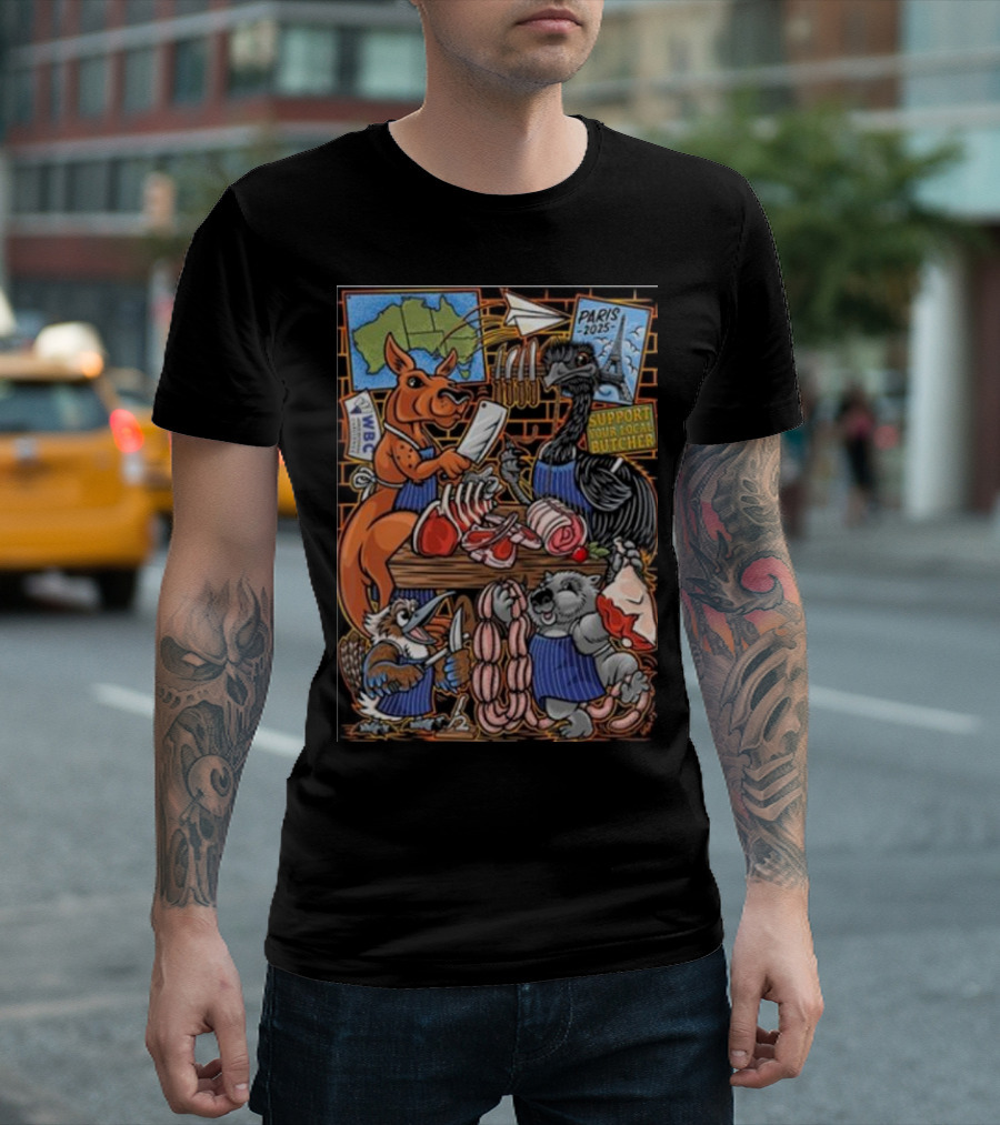 Paris 2025 Support Your Local Butcher Australian Animals Butchery Scene T-Shirt