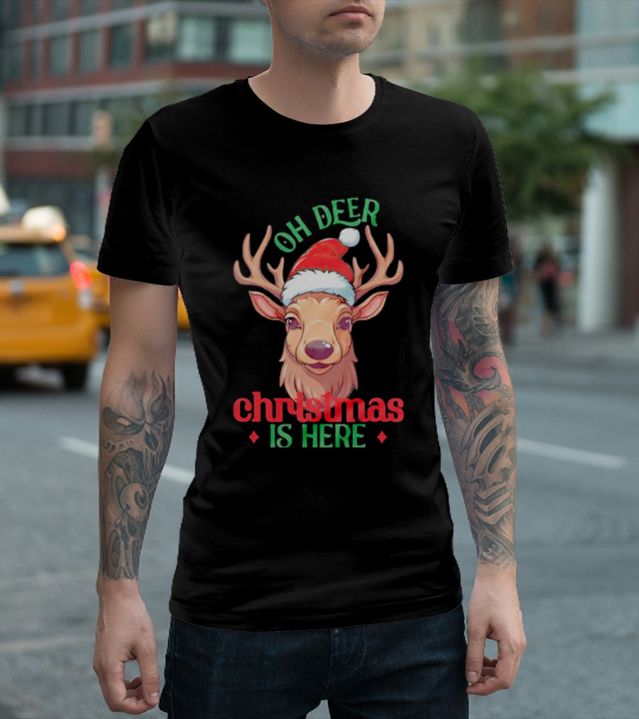 Oh Deer Christmas Is Here Festive Reindeer Santa Hat T-Shirt