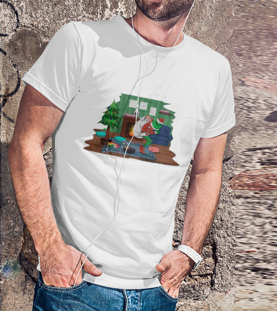 Grinch In Santa Outfit Stealing Presents By The Christmas Tree T-Shirt