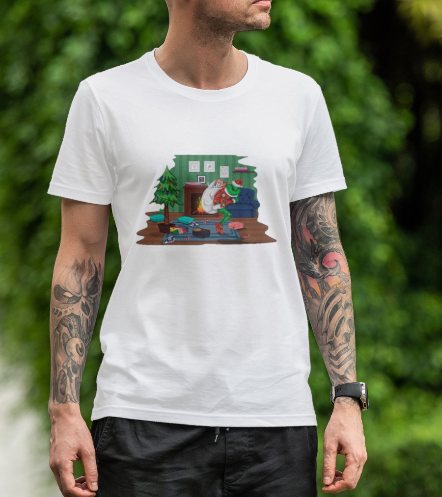 Grinch In Santa Outfit Stealing Presents By The Christmas Tree T-Shirt