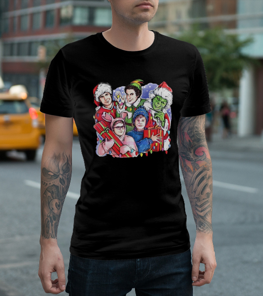 Christmas Friends Movie Character Santa Elf Grinch Pink Bunny T-Shirt