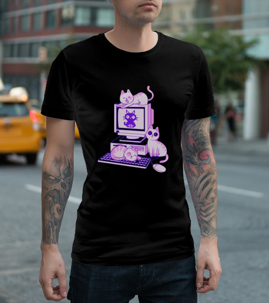 Cats Over Retro Computer with Pixel Art Cat on Screen T-Shirt