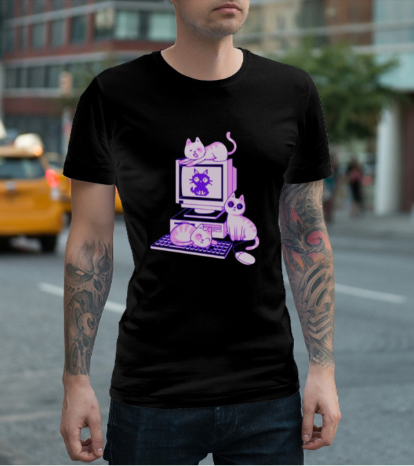 Cats Over Retro Computer With Pixel Art Cat On Screen T-Shirt